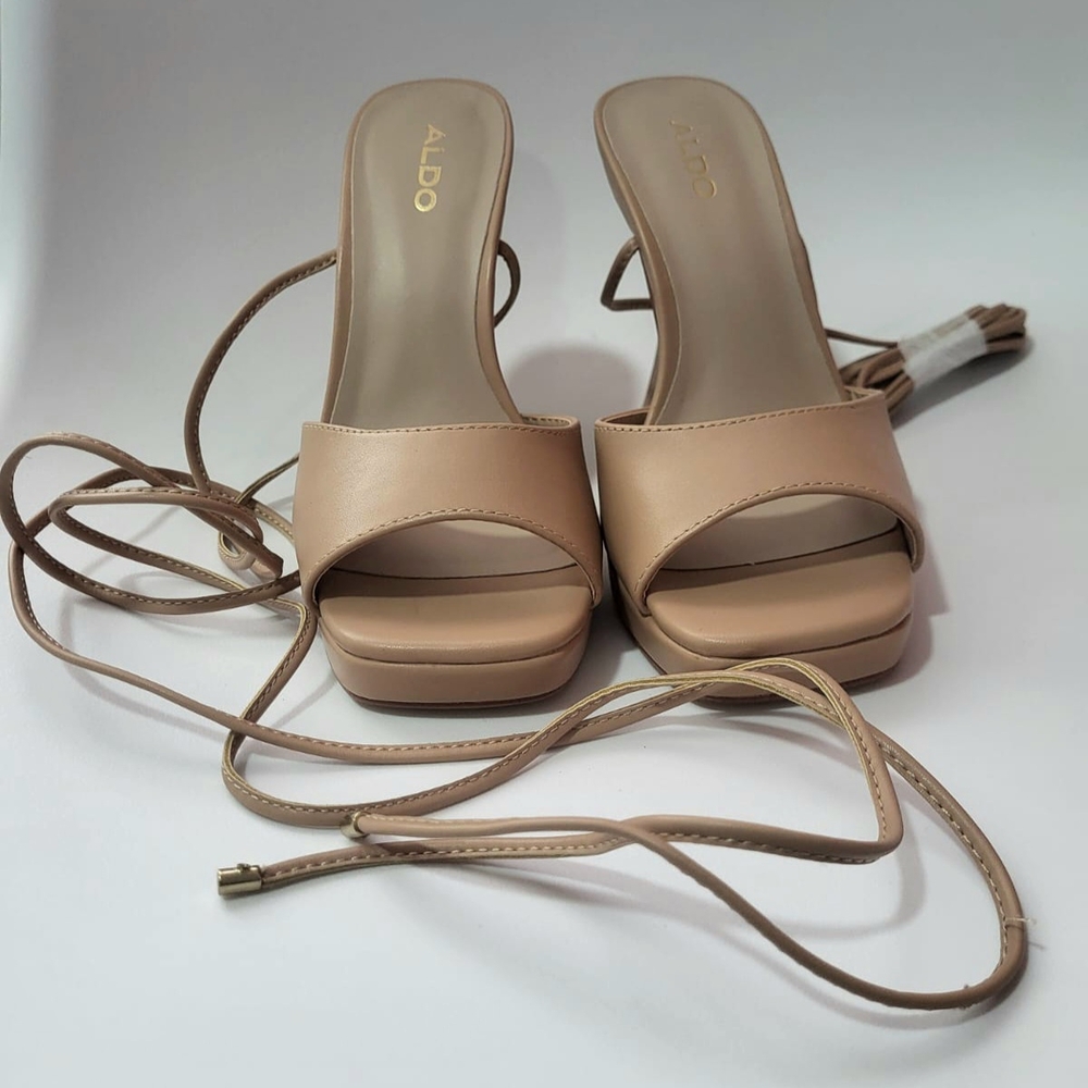 Aldo Daphnee Tan Heeled Sandals with Ankle Wrap